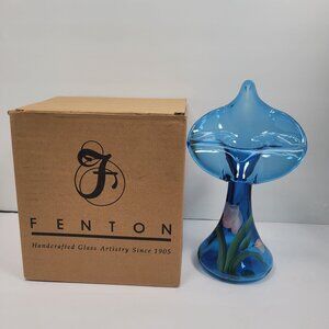 Fenton Handpainted by S. Bryan Blue Glass Vase With Floral Design Handmade in US